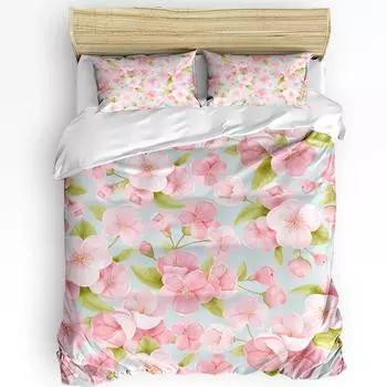Spring Flower Peach Blossom Pink Cherry Blossoms Duvet Cover With Pillow Case Bedding Set Quilt Cover Double Bed Home Textile EU single(135x200cm)