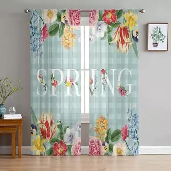 Spring Flower Plaid Background Sheer Tulle Window Curtains For Living Room Bedroom Kitchen Veiling Curtain Home Decoration W135 x H114cm
