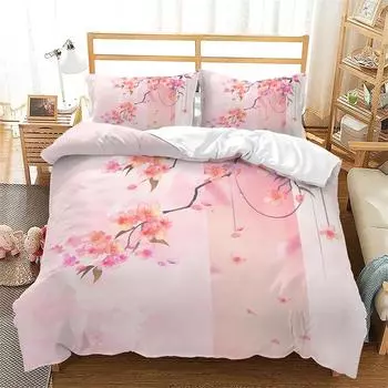 Spring Flowers Duvet Cover Pink Sakura Girls Cherry Blossoms Quilt Cover Floral Polyester for Women Kids for Bedroom Decorations 135x200cm 2pcs