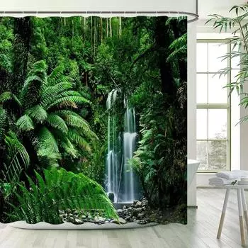Spring Forest Landscape Shower Curtain Tropical Jungle Plants Waterfall Nature Scenery Curtains Garden Bathroom Decor with Hooks 90x180cm-35x70in