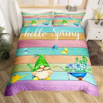 Spring Garden Bedding Set Cartoon Farm Gnome Duvet Cover Butterfly Floral Comforter Cover Rustic Farmhouse Polyester Quilt Cover 70x133cm 2pcs