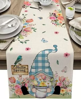 Spring Gnome Flowers Tulip Linen Table Runner Wedding Party Decor Vintage Florals Bird Table Runners Kitchen Dining Table Decor 150x33cm 59x13inch
