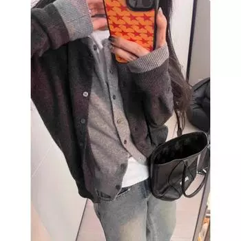 Spring Gray Cardigan round Neck Bottoming Tops Fake Two-Piece Grey S [Suggested 35.00 kg-45.00 kg]]