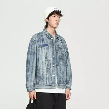 Весенняя куртка из чистого хлопка свободного покроя в стиле ретро, мужская полосатая стираная куртка для инструментов M синий