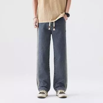 Spring High Street Loose Straight Wide-leg Jeans Men s Floor Pants Semi-elastic Waist M