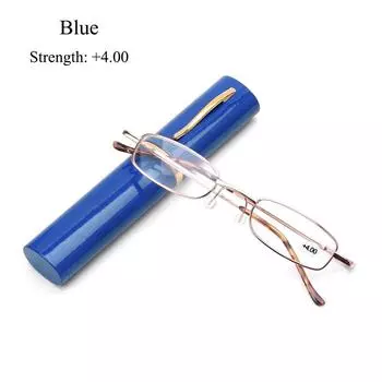 Spring Hinge Eyeglass Small Compact Portable with Pen Tube Case Presbyopic Glasses Reading Glasses Strength 4.00 синий