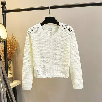 Spring Ice Silk Outer Wear Hollow-out Short Cardigan White S