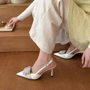 Spring is extravagant! 2025 sexy pointed square buckle with skirt rhinestone high heels women s spring and summer empty sandals 35 бежевый