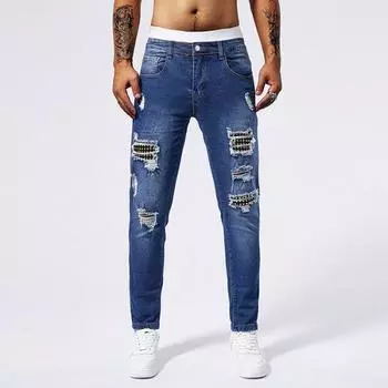 Spring Jeans American High Street Ripped Patch Men s Pants 29 синий