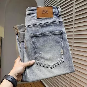 Spring Jeans Light Blue Small Ripped Cropped Trousers Stretch Men s Pants 28