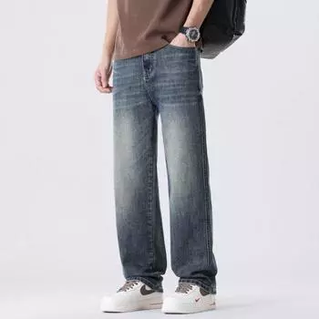 Spring Jeans Men s Loose Straight Pants American New Men s Wide-leg Pants S синий