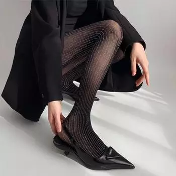 Spring Knit Ribbed Pantyhose Women Sexy See-Through Stockings Black Striped Lace Tights For Women Skinny Leggings Pantyhose New One Size