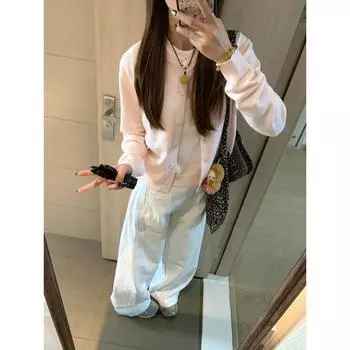 Spring Korean Series Chic Patchwork Contrast Color Fake Two Pieces Pink Knit cardigan Outerwear Women Lazy Outdoor Sweater Top Pink XXL