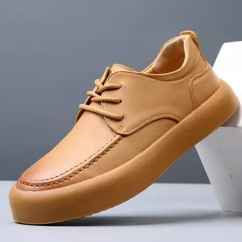 Spring leather breathable men s shoes 2025 new versatile Korean version trend thick-soled non-slip casual leather shoes men s board shoes 38 чёрный