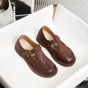 Spring leather flat bottom shallow mouth mother single shoes women s first layer cowhide new beef tendon soft sole retro leather shoes 35 коричневый
