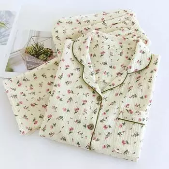 Spring Little Cherry Cotton Pajamas Ladies Long Sleeve Thin Double Gauze Loungewear Set Lapel Print Trousers Plus Size Sleepwear M бежевый