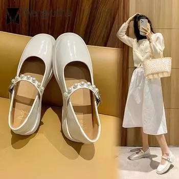 Spring Loafers Lolita Shoes Woman Belt Buckle Strap Mary Jeans Patent Leather Flats Girls Cosplay JK Footwear Female Sneakers 4.5 чёрный