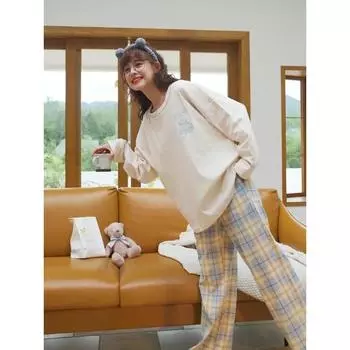 Spring Long-Sleeved Cotton Clothing Students Loose Casual Breathable Sleep Cartoon Bear Striped Comfortable Women s Pajamas XXL белый