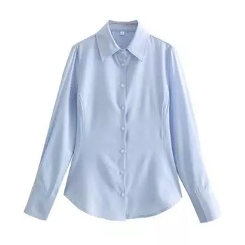 Spring Long Sleeves Lapel Silm Base Base Poplin Blue M