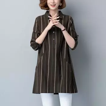 Spring Loose Striped Mid Length Long Length Blouse Coffee 3XL