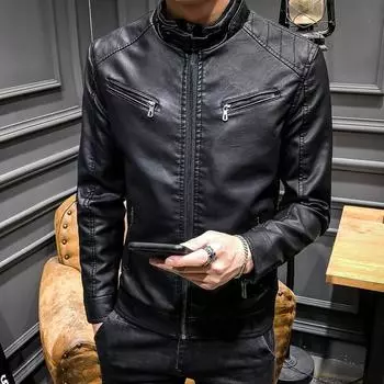 Spring Men s Locomotive Leather Jacket Winter Jacket Korean Version Slim-fit Youth Casual PU Leather Top M