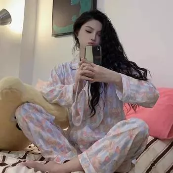 Spring Milk Fiber Luxury Women s Pajamas Lapel Cardigan Womens 2 Piece Outfit Set Cute Cat Printing Pajama Suit Women M белый