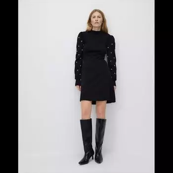 Spring New Arrival Export European and American Women s Clothing round Neck Heavy Industry Beads Long Sleeves Knitting Dress Sweater Slim Looking Black M: Bust Size 88-94
