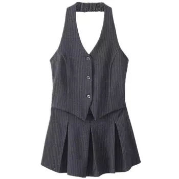 Spring New Arrival Stripes Vest Hanging Collar Skirt Figure Color XS