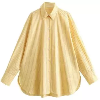 Spring New Arrival Women s Loose Stripes Poplin Shirt Yellow XS
