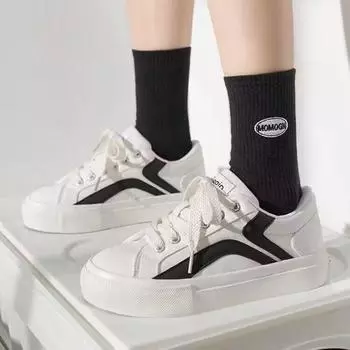 Spring New Black and White Board Shoes Women s Color Matching Lace-up Minority All-Match Bread Shoes Ins Flat Casual Shoes 35