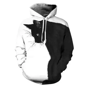 Spring New Black Cat Digital Printing Tops Autumn and Winter Long-sleeved Couples Loose Big Yards Hooded Sweater S