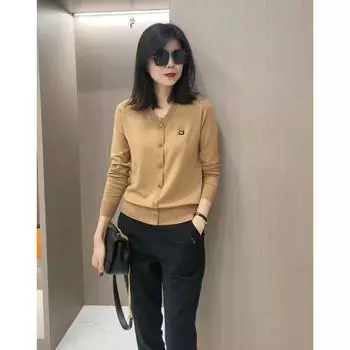 Spring New British Style European Station Fancy Elegant V Neck Loose Soft Tencel Knitwear Pullover Female Fashion CAMEL XL(Below 64.00kg)