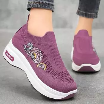 Spring new casual shoes embroidered peony women s height increasing shoes breathable socks women s shoes platform boots 36