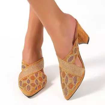 Spring New Coarse Heel Sandals for Women Fashion Pointy Shallow Mouth Drill Hollow-out Suede Non-slip High-heeled Slippers 35