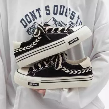 Spring New Fashion Round Head Low-top Solid Color Canvas Shoes Women s Versatile Lace-up Casual Shoes 35 чёрный