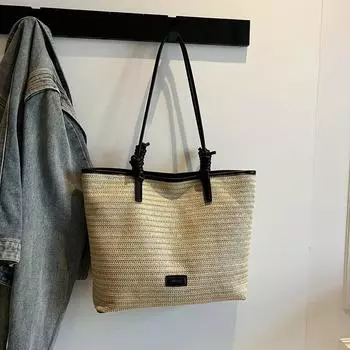 Spring new fashion woven handbag large capacity commuter casual tote bag simple fashion bucket чёрный