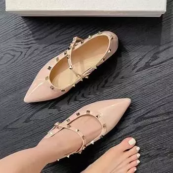 Spring New Flat Shoes Women s Fashion Pointed Head Shallow Mouth Rivets Line with Non-slip Inside Heightening Single Shoes 35