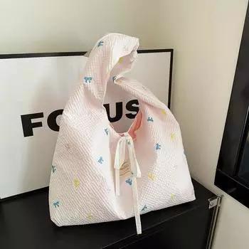 Spring new fresh and versatile embroidered bow shoulder bag plaid underarm bag lazy canvas bag