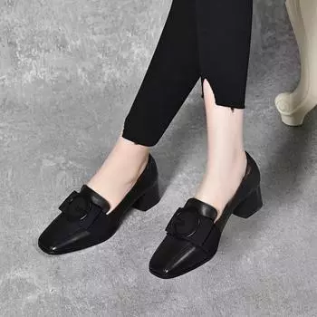 Spring new high heels square head thick heel middle heel work shoes square buckle first layer cowhide four seasons professional single shoes 35