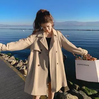 Spring New Khaki Back Design Pleated Mid-length Temperament Windbreaker Women s Jacket S
