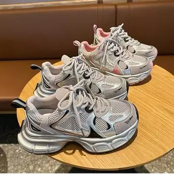 Spring New Leather Thick Soled Round Toe Mesh Casual Shoes Silver Contrasting Round Toe Sports Shoes 35 серебряный серый