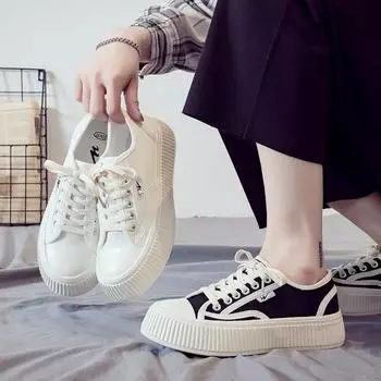 Spring New Leisure Hong Kong Style Versatile Biscuit Shape Shoes Platform Canvas Shoes for Women Height Increasing 35 белый