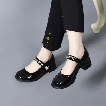 Spring new light mouth retro Mary Jane small leather shoes thick heel color matching chain small middle heel single shoes 35