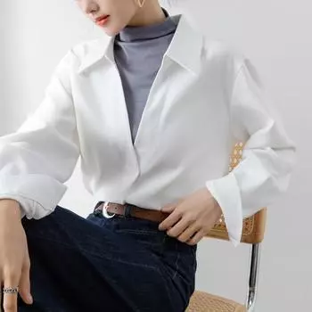 Spring New Long Sleeve Casual Women s Shirts Autumn Solid Knitted Splicing Office Ladies Blouses and Tops Vintage Simple Female White Shirt 25862 S белый