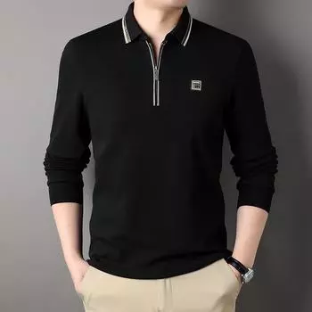 Spring New Long-sleeved T-shirt Top Men s Fashion Zipper Lapel Pullover Middle-aged Dad Polo Shirt M