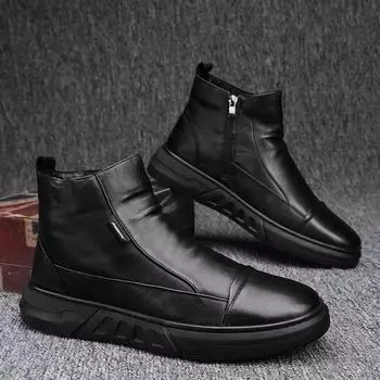 Spring New Men Black Leather Boots Fashion High Top Leather Ankle Boots Motorcycle Lace-up Platform Casual Shoes Size 39-44 2024 39 чёрный