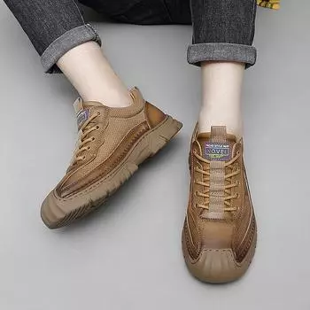 Весенние новые мужские кожаные туфли, уличные кроссовки, высококачественные оксфорды на шнуровке, удобные дышащие повседневные туфли на толстой подошве 38 чёрный