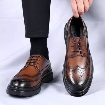 Spring New Men s Genuine Leather British Style Thick Sole Casual Leather Shoes Brand Men s Lace Up Carved Business Leather Shoes 38 чёрный