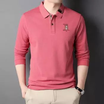 Spring New Men s Long-sleeved T-shirt Solid Color Fashionable Casual Lapel Middle-aged T-shirt Loose Polo Shirt M