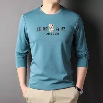 Spring New Men s Long-sleeved T-shirt Round Neck with Mulberry Silk Fashion Casual Men s Solid Color T-shirt M